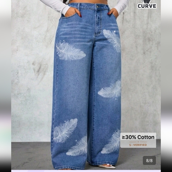 Women's Blue Feather Print Wide-Leg Jeans - Picture 5 of 11